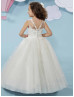 Beaded Ivory Lace Tulle V Back Flower Girl Dress With Cape